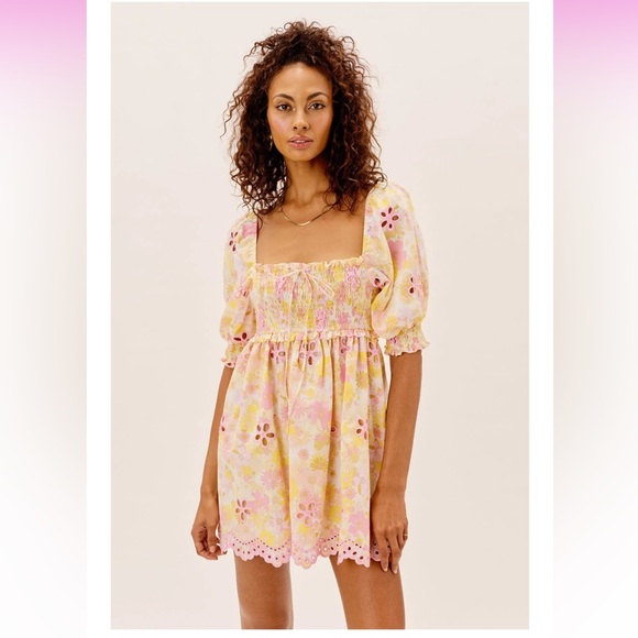 For Love & Lemons Claire Embroidered Eyelets Ties Puff Sleeve Mini Dress